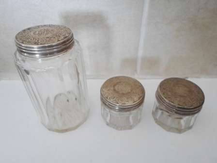 STUNNING!! SET OF 3 X 1877 LONDON SILVER TOPPED CUT GLASS BOTTLES (SILVER =  21,6g)  WOW!! WOW!!
