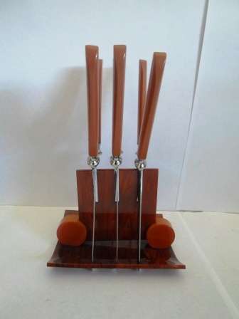 STUNNING!! ART DECO BAKELITE 6 PIECE BUTTER KNIFE SET WITH STAND NEAR MINT!! WOW!!