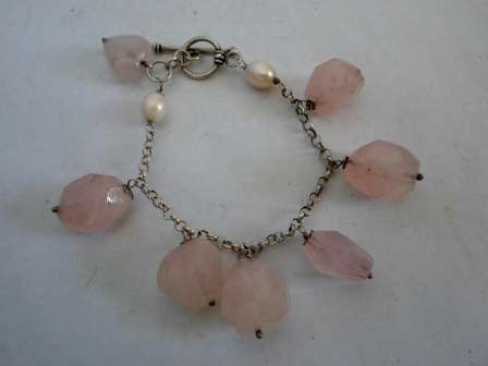 WOW!! VINTAGE STERLING SILVER, PEARL & ROSE QUARTZ BRACELET  28,1g WOW!!WOW!!