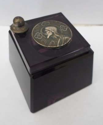 WOW!! RARE VICTORIAN RELIGIOUS AMETHYST GLASS INKWELL CIRCA 1890's STUNNING!! WOW!! WOW!