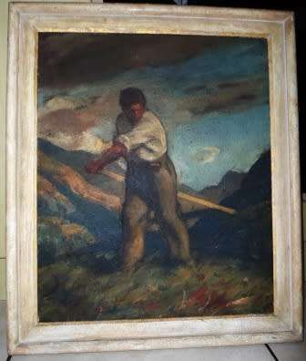 WOW!! SIGNED ITALIAN OIL ON CANVAS OF HARVESTER DATED 1945   590 X 490mm AMAZING PAINTING!! WOW!!