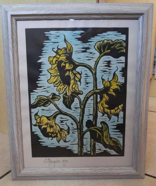 WOW!! GREGOIRE BOONZAIER 1978 SUNFLOWERS WATERCOLOUR LINOCUT 305 X 230mm  WOW!!