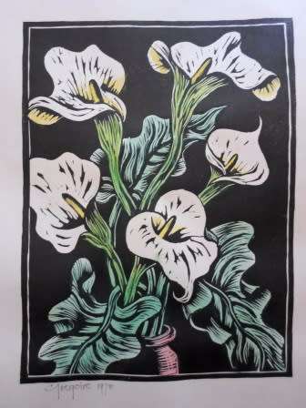 WOW!! GREGOIRE BOONZAIER 1978 "LILLIES" WATERCOLOUR LINOCUT 305 X 230mm VALUE R12500 WOW!!