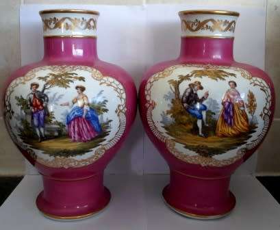LARGE PAIR OF VICTORIAN DRESDEN HAND PAINTED PORCELAIN VASES CIRCA 1880's VALUE R3950
