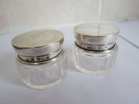 LOVELY!! PAIR OF 1927 BIRMINGHAM SILVER & CUT GLASS TRINKET POTS BEAUTIFUL!! WOW!!  WOW!!