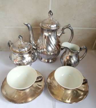 EXQUISITE!! VINTAGE WMF SILVER PLATED PORCELAIN COFFEE SET FOR 2 WOW!! WOW!