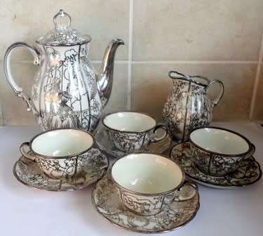 STUNNING!! VINTAGE VERBANO LAVENO SILVER DESIGN PORCELAIN COFFEE SET FOR 4 WOW!! WOW!