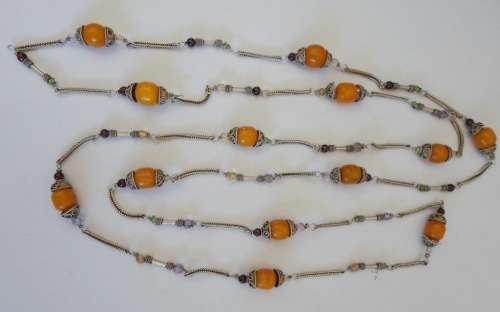 VINTAGE STERLING SILVER, AMBER, GARNET, AMETHYST & PERIDOT EXTRA LENGTH 128cm NECKLACE 37,0g WOW!!