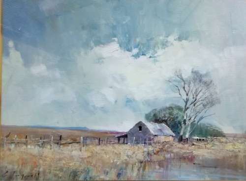 WOW!! CHRISTOPHER TUGWELL OIL ON CANVAS ON BOARD 380 X 290mm FARM COTTAGE WITH COWS VALUE R22500
