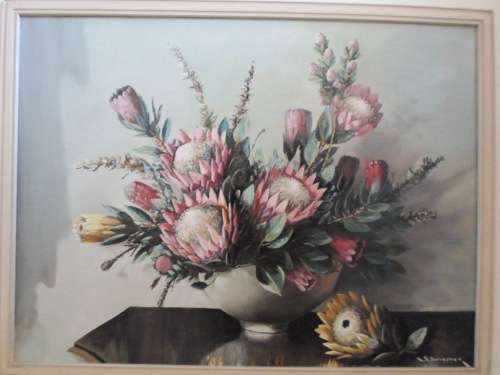 STUNNING!! L.E. WIESNER OIL ON BOARD STILLIFE WITH PROTEA'S  600 X 450mm !! VALUE R3500