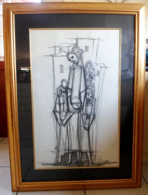 AMAZING!! LARGE BEN MACALA WOMAN WITH CHILDREN CHARCOAL  1000 X 620mm !! VALUE R6500