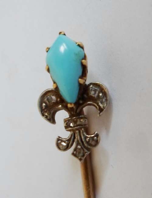 STUNNING!! VICTORIAN 18ct GOLD TURQUOISE & DIAMOND FLEUR DE LIS STICK PIN CIRCA 1880's  2,0g  WOW!!