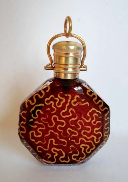RARE!! FRENCH GILT SILVER TOPPED HEXAGONAL RUBY CHATELAINE SCENT BOTTLE CIRCA 1880's VALUE R3500