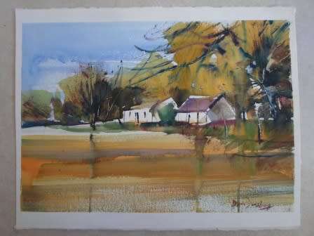 WOW! DERRIC VAN RENSBURG "COTTAGES IN LANDSCAPE" WATERCOLOUR ON ARTIST PAPER 345 X 240mm VALUE R3000