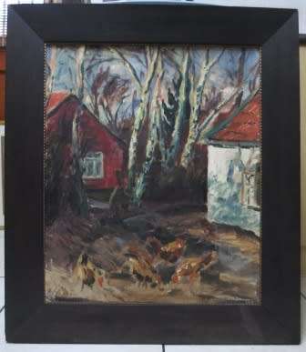 INVESTMENT! ALBERT SCHIESTL ARDING "COTTAGE WITH CHICKENS" OIL ON PANEL 740 X 620mm VALUE R25000