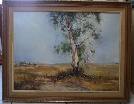 HUGE!!!!  BARB PLONER "LANDSCAPE WITH TREE & COTTAGES" OIL ON BOARD   1020 X 760mm VALUE R8500