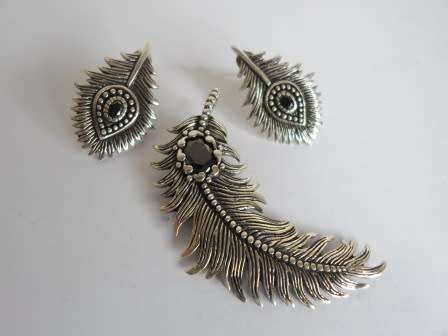 STUNNING!! NATURALIST STERLING SILVER & ONYX FEATHER & EARRING SET 13,2g WOW!!