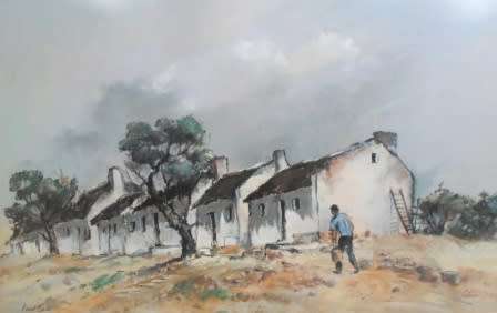 GORGEOUS!! PAUL BOTES "MAN & COTTAGES" PASTEL ON PAPER  550 X 350mm  VALUE R2500!!