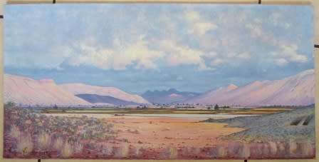 MAGNIFICENT!! NAMIBIAN ANDRIES ERASMUS "HEXRIVER VALLEY" OIL ON CANVAS 760 X 380mm  VALUE R3500!!