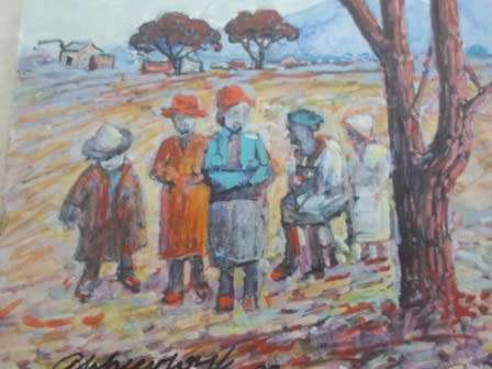EXTREMELY RARE!! APPIE VAN WYK '95 "GATHERING AT TREE" OIL ON BOARD 200 X 170mm VALUE R8500 WOW!!