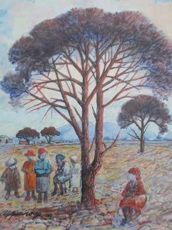 EXTREMELY RARE!! APPIE VAN WYK '95 "GATHERING AT TREE" OIL ON BOARD 200 X 170mm VALUE R8500 WOW!!