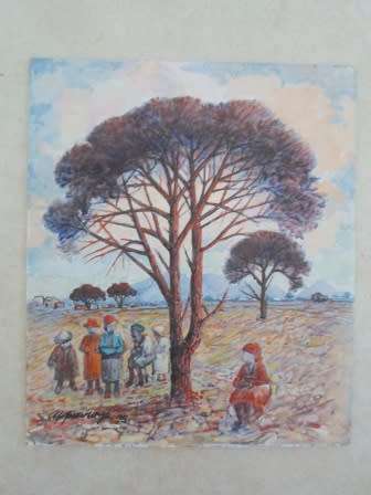 EXTREMELY RARE!! APPIE VAN WYK '95 "GATHERING AT TREE" OIL ON BOARD 200 X 170mm VALUE R8500 WOW!!