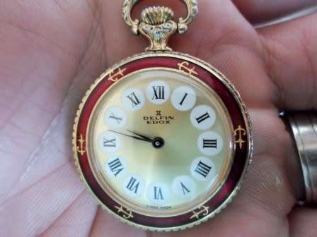 WOW!! VINTAGE DELFIN EDOX 17 JEWELS GOLD PLATED RED ENAMEL POCKET WATCH 100% WORKING!! WOW!!