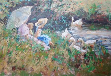 SPECTACULAR!! HUGE DANIE SMITH "GIRLS WITH GEESE" OIL ON BOARD 1200 X 800mm VALUE R35000