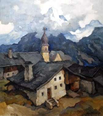 SPECTACULAR!! SIGNED GERMAN COUNTRY CHURCH OIL ON CANVAS CIRCA 1940's  690 X 610mm MASTERFUL PIECE!!