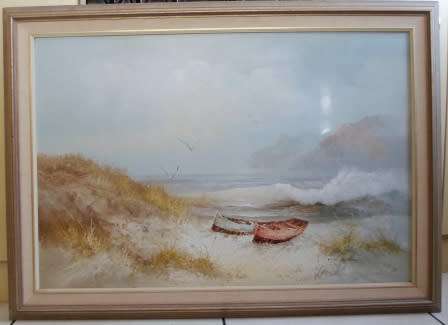 STUNNING!! LARGE KARL NEUMANN SEASCAPE WITH BOATS OIL ON CANVAS ON BOARD    920 X 620mm  VALUE R3500