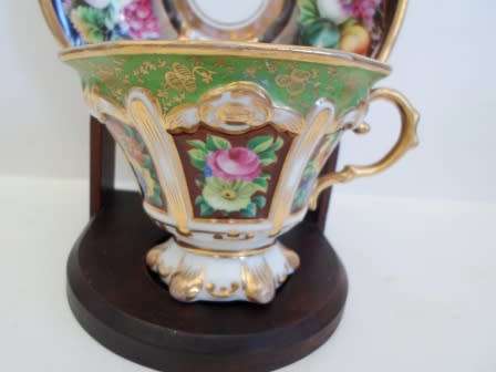SUPERB!! 19TH CENTURY HAND PAINTED CUP & SAUCER WITH MAHOGANY STAND AMAZING FIND!! WOW!!