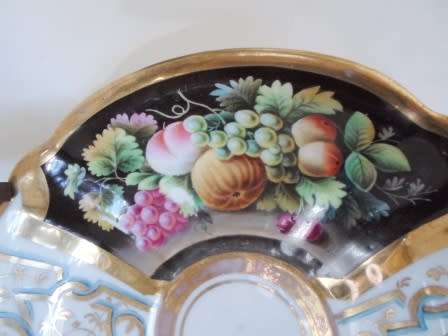 SUPERB!! 19TH CENTURY HAND PAINTED CUP & SAUCER WITH MAHOGANY STAND AMAZING FIND!! WOW!!