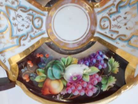SUPERB!! 19TH CENTURY HAND PAINTED CUP & SAUCER WITH MAHOGANY STAND AMAZING FIND!! WOW!!