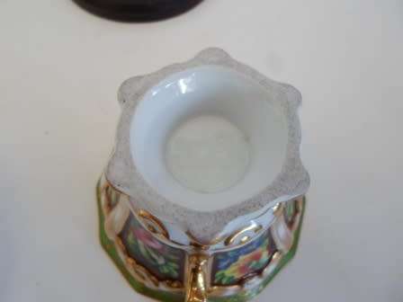 SUPERB!! 19TH CENTURY HAND PAINTED CUP & SAUCER WITH MAHOGANY STAND AMAZING FIND!! WOW!!