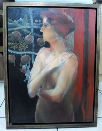 SPECTACULAR!! CHRISTINE CHERRY JONES "NUDE WITH CHERRUB" OIL ON CANVAS   800 X 600mm VALUE R4500 WOW