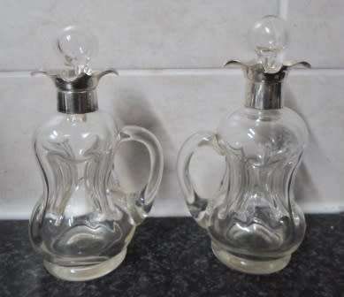 WOW!! RARE PAIR OF 1907 CHESTER SILVER TOPPED OLIVE OIL & BALSAMIC VINEGAR DIMPLE BOTTLES WOW!!