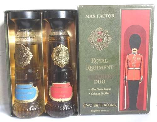 RARE 1960`s MAX FACTOR ROYAL REGIMENT LEATHER DUO COLOGNE and SHAVE LOTION BOXED SET VALUE R1400