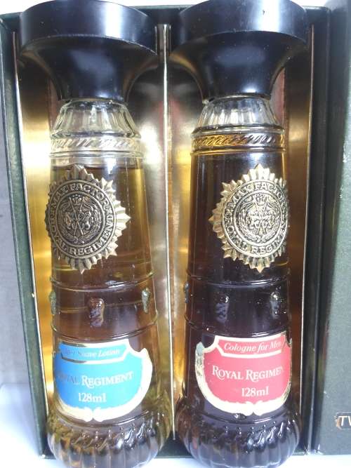 RARE 1960`s MAX FACTOR ROYAL REGIMENT LEATHER DUO COLOGNE and SHAVE LOTION BOXED SET VALUE R1400