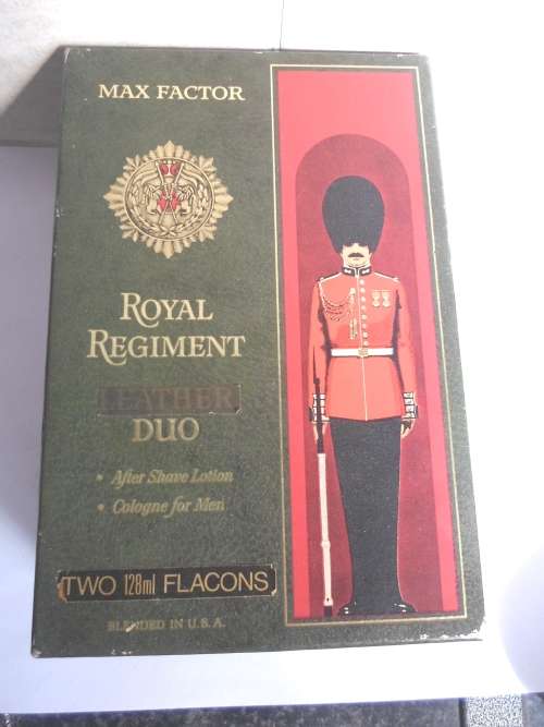 RARE 1960`s MAX FACTOR ROYAL REGIMENT LEATHER DUO COLOGNE and SHAVE LOTION BOXED SET VALUE R1400