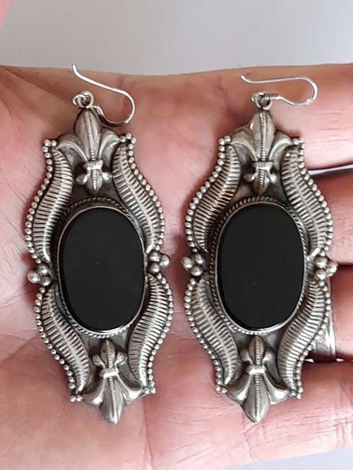Magnificent extra large vintage sterling silver and onyx earrings 32,2g wow!!!
