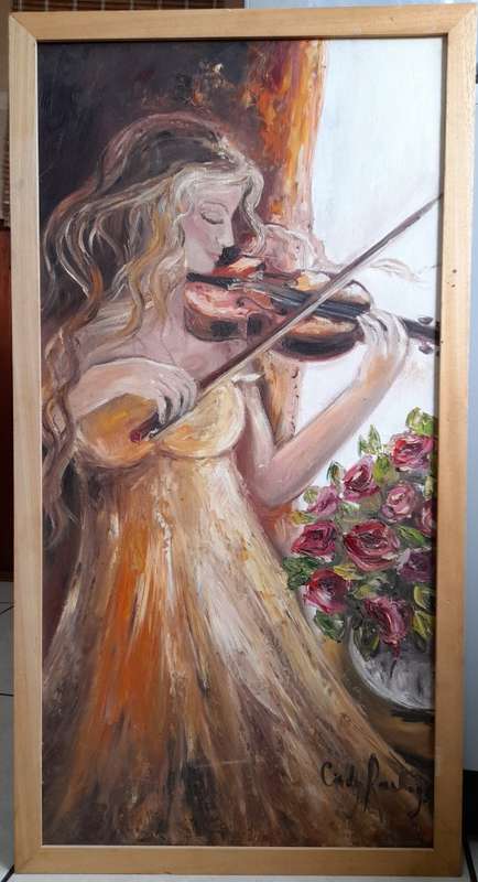 Stunnng!! Cindy Rawlings violinist oil on board 900 x 450 mm Value R5500