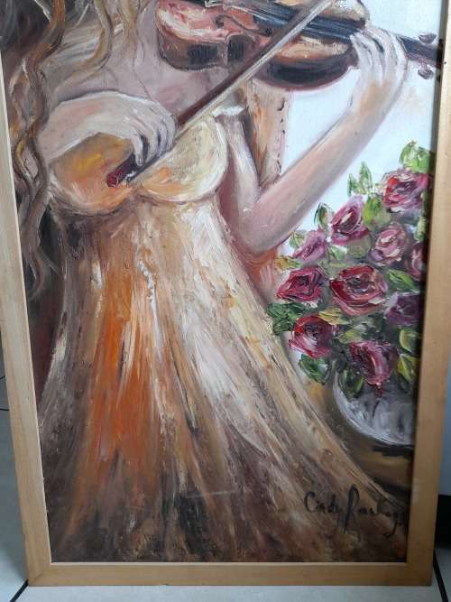 Stunnng!! Cindy Rawlings violinist oil on board 900 x 450 mm Value R5500