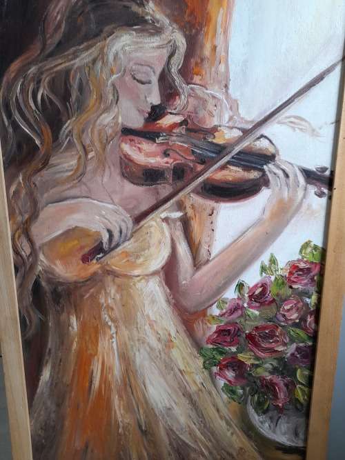 Stunnng!! Cindy Rawlings violinist oil on board 900 x 450 mm Value R5500