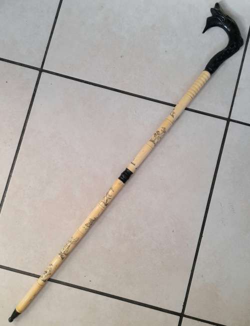 Amazing vintage Chinese bone and wood walking stick with carved detail Wow!!