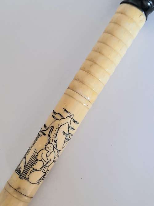 Amazing vintage Chinese bone and wood walking stick with carved detail Wow!!
