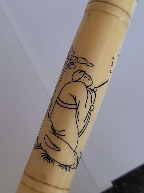 Amazing vintage Chinese bone and wood walking stick with carved detail Wow!!