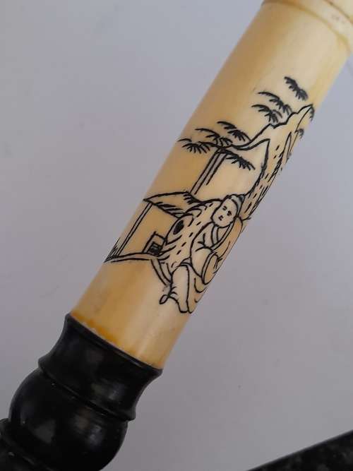 Amazing vintage Chinese bone and wood walking stick with carved detail Wow!!