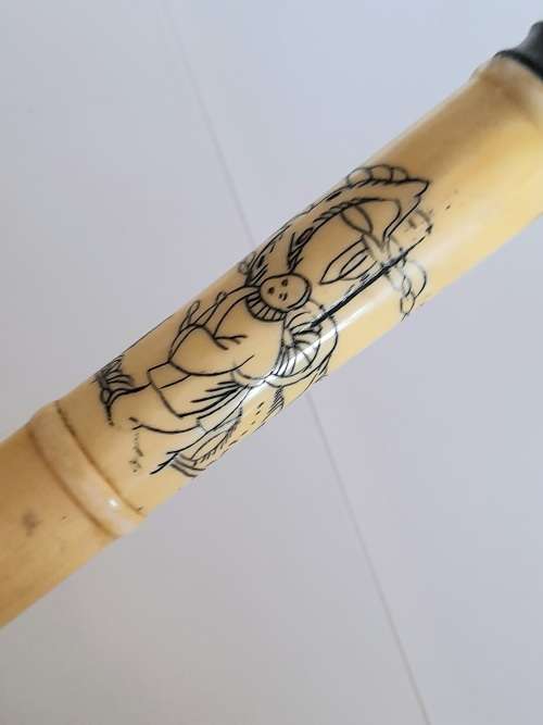 Amazing vintage Chinese bone and wood walking stick with carved detail Wow!!