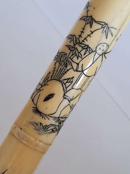 Amazing vintage Chinese bone and wood walking stick with carved detail Wow!!