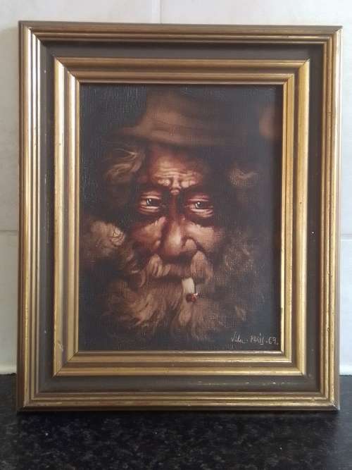 Amazing Vila Paris oil on canvas of man smoking a cig 180 x 140mm dated `69